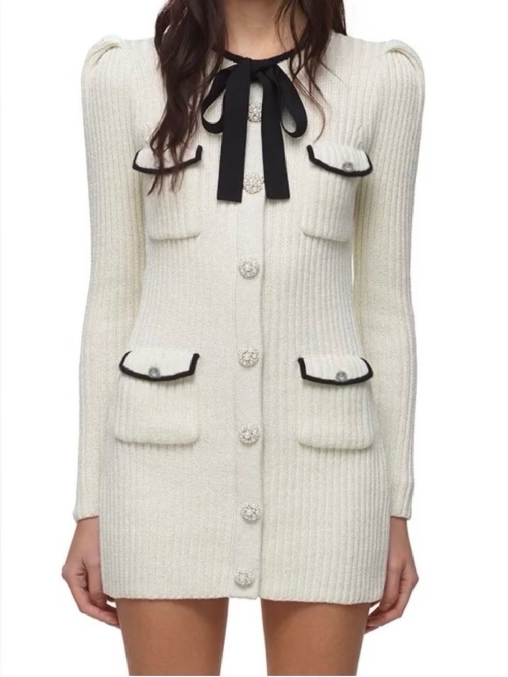 Self Portrait Ivory Lurex Knit Mini Dress Sweater Button Parisian French Size L